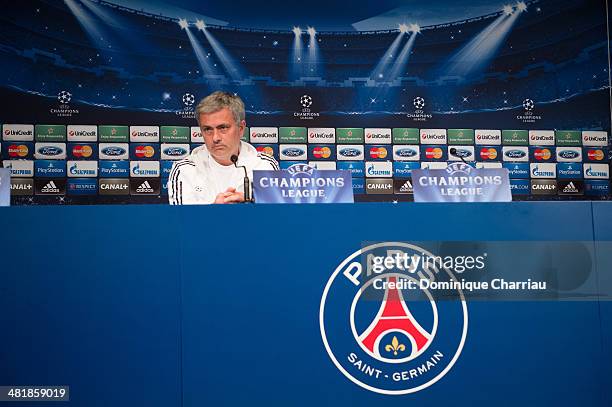 Chelsea's Portuguese manager Jose Mourinho speaks to the media during a press conference on the eve of the UEFA Champions League match between Paris...