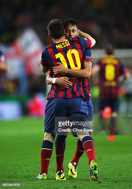 Neymar of Barcelona celebrates his goal with Lionel Messi of Barcelona during the UEFA Champions League Quarter Final first leg match between FC...