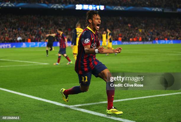 Neymar of Barcelona celebrates his goal during the UEFA Champions League Quarter Final first leg match between FC Barcelona and Club Atletico de...