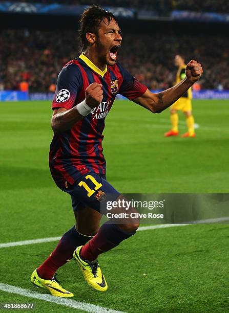 Neymar of Barcelona celebrates his goal during the UEFA Champions League Quarter Final first leg match between FC Barcelona and Club Atletico de...