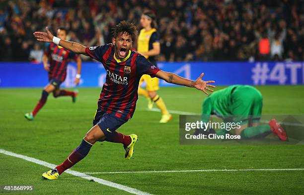 Neymar of Barcelona celebrates his goal during the UEFA Champions League Quarter Final first leg match between FC Barcelona and Club Atletico de...