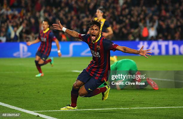 Neymar of Barcelona celebrates his goal during the UEFA Champions League Quarter Final first leg match between FC Barcelona and Club Atletico de...