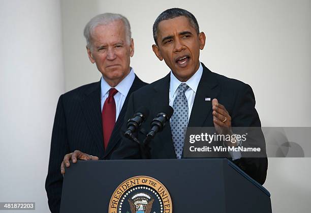 President Barack Obama speaks on the Affordable Care Act with Vice President Joe Biden in the Rose Garden of the White House April 1, 2014 in...