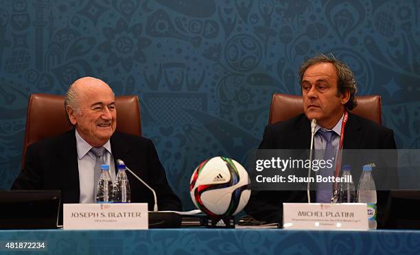 President Joseph S. Blatter and UEFA President Michel Platini look on during the Team Seminar ahead of the Preliminary Draw of the 2018 FIFA World...