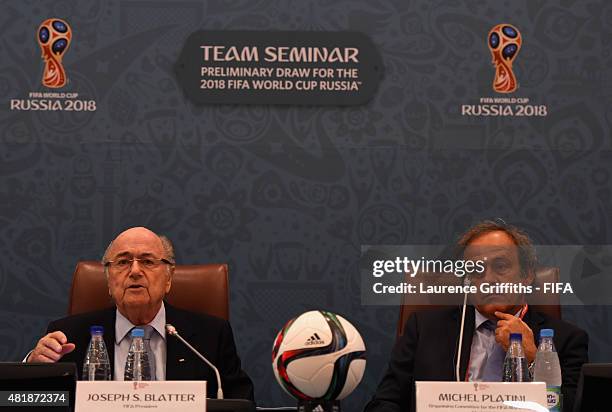 President Joseph S. Blatter speaks as UEFA President Michel Platini looks on during the Team Seminar ahead of the Preliminary Draw of the 2018 FIFA...