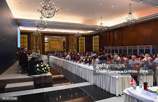 National coaches, delegates and media representatives look on during the Team Seminar ahead of the Preliminary Draw of the 2018 FIFA World Cup at the...