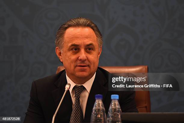 Vitaly Mutko Chairman of the Local Organising Committee looks on during the Team Seminar ahead of the Preliminary Draw of the 2018 FIFA World Cup at...