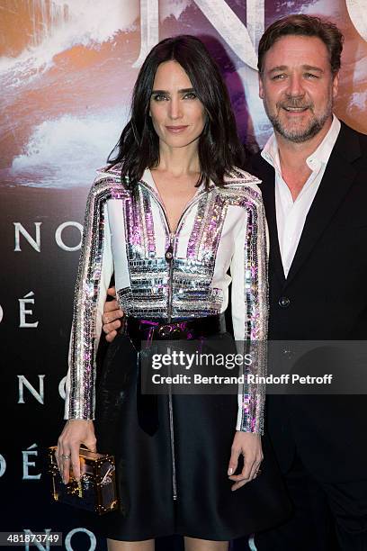 Actors Jennifer Connelly and Russell Crowe pose during the Paris premiere of "Noah" directed by Darren Aronofsky at Cinema Gaumont Marignan on April...