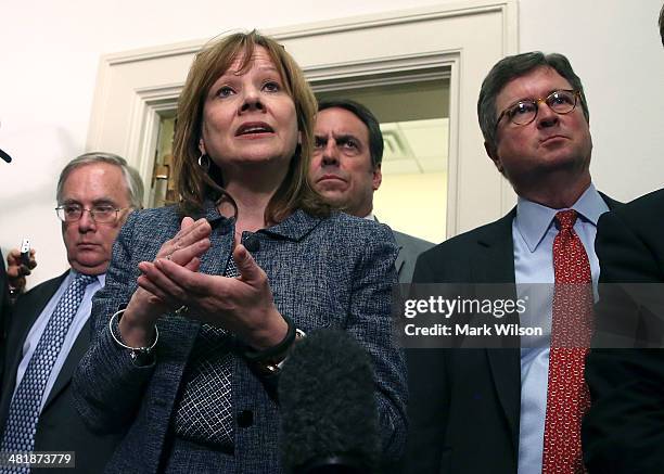 General Motors Company CEO Mary Barra speaks to the media after testifying during a House Energy and Commerce Committee hearing on Capitol Hill, on...