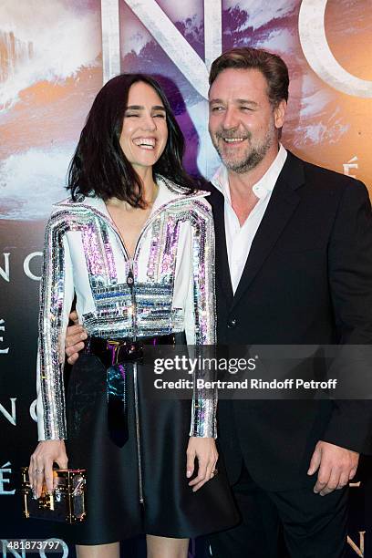 Actors Jennifer Connelly and Russell Crowe pose during the Paris premiere of "Noah" directed by Darren Aronofsky at Cinema Gaumont Marignan on April...