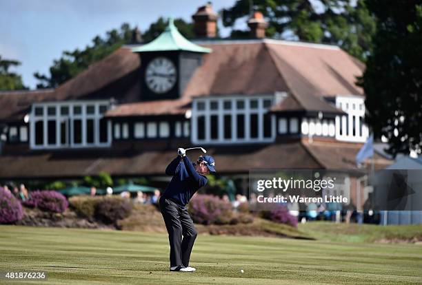 Tom Watson of the USA plays his second shot into he 18th green during completion of the second round of The Senior Open Championship on the Old...