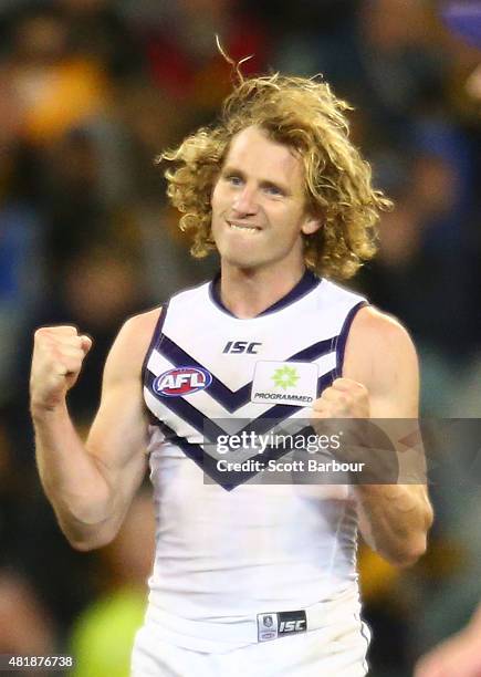 David Mundy of the Fremantle Dockers celebrates after kicking the match winning goal during the round 17 AFL match between the Richmond Tigers and...