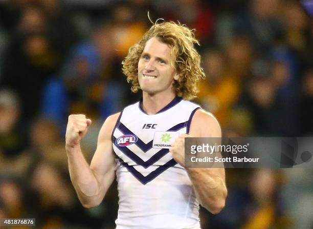 David Mundy of the Fremantle Dockers celebrates after kicking the match winning goal during the round 17 AFL match between the Richmond Tigers and...