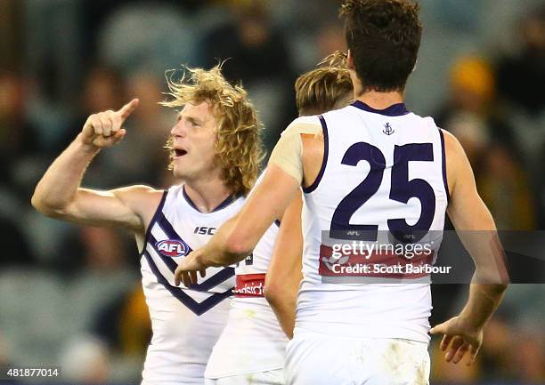 David Mundy of the Fremantle Dockers celebrates after kicking the match winning goal during the round 17 AFL match between the Richmond Tigers and...