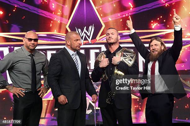 Dave Batista, Triple H, Randy Orton, and Daniel Bryan attend the WrestleMania 30 press conference at the Hard Rock Cafe New York on April 1, 2014 in...