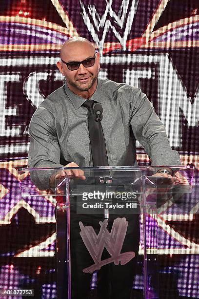 Dave Batista attends the WrestleMania 30 press conference at the Hard Rock Cafe New York on April 1, 2014 in New York City.