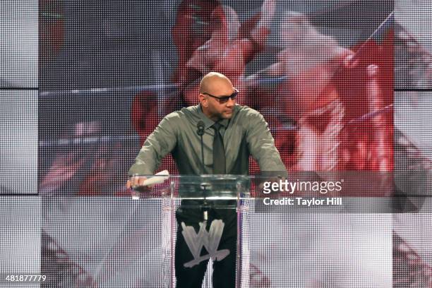 Dave Batista attends the WrestleMania 30 press conference at the Hard Rock Cafe New York on April 1, 2014 in New York City.
