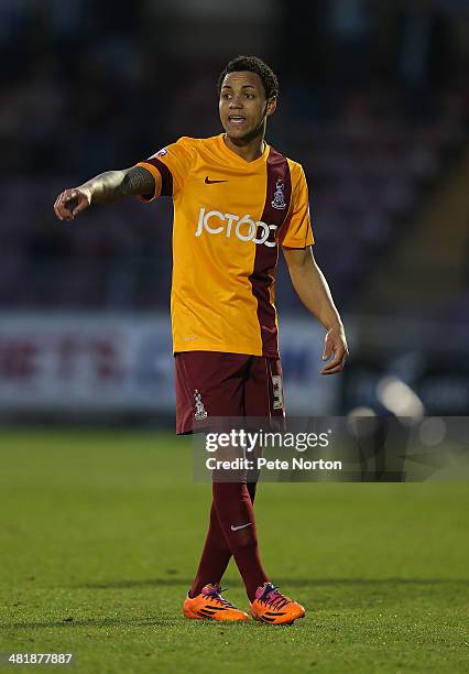 Kyle Bennett of Bradford City in action during the Sky Bet League One match between Coventry City and Bradford City at Sixfields Stadium on April 1,...