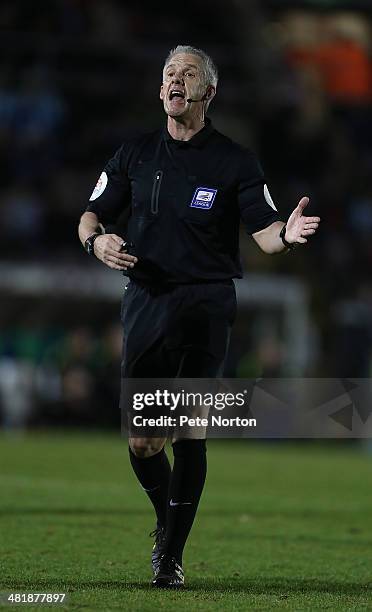 Referee Chris Foy in action during the Sky Bet League One match between Coventry City and Bradford City at Sixfields Stadium on April 1, 2014 in...