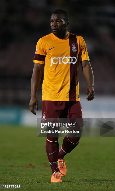 Aaron McLean of Bradford City in action during the Sky Bet League One match between Coventry City and Bradford City at Sixfields Stadium on April 1,...