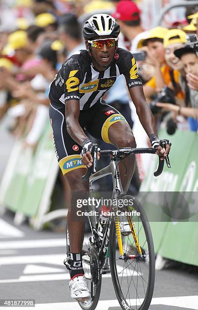 Daniel Teklehaimanot of Eritrea and MTN-Qhubeka crosses the finish line of stage seventeenth of the 2015 Tour de France, a 161 km stage from...