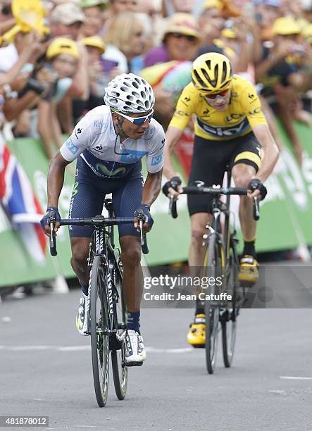 Nairo Quintana of Colombia and Movistar Team and Chris Froome of Great Britain and Team Sky cross the finish line of stage seventeenth of the 2015...