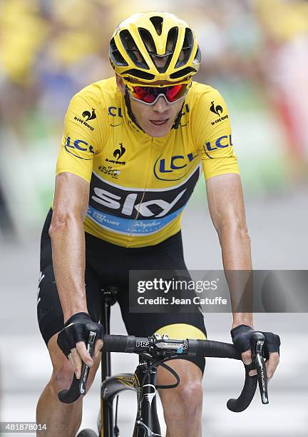 Chris Froome of Great Britain and Team Sky crosses the finish line of stage seventeenth of the 2015 Tour de France, a 161 km stage from...