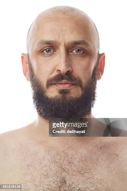 portrait of a mid adult man with beard - completely bald stockfoto's en -beelden