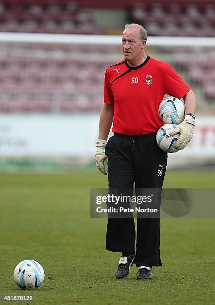 Coventry City goalkeeper coach Steve Ogrizovic looks on during the pre match warm up prior to the Sky Bet League One match between Coventry City and...