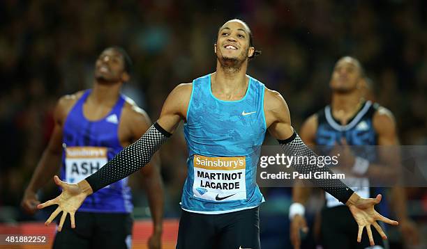 Pascal Martinot-Lagarde of France reacts after being beaten on the line by Jason Richardson of the United States during day one of the Sainsbury's...