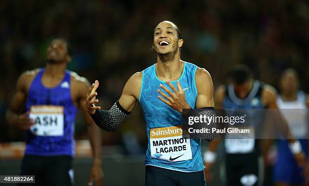 Pascal Martinot-Lagarde of France reacts after being beaten on the line by Jason Richardson of the United States during day one of the Sainsbury's...