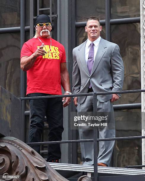 Hulk Hogan and John Cena attends the WrestleMania 30 press conference at the Hard Rock Cafe New York on April 1, 2014 in New York City.