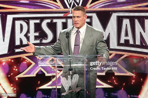 John Cena attends the WrestleMania 30 press conference at the Hard Rock Cafe New York on April 1, 2014 in New York City.