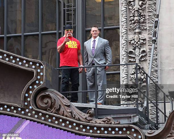 Hulk Hogan and John Cena attends the WrestleMania 30 press conference at the Hard Rock Cafe New York on April 1, 2014 in New York City.