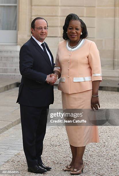 French President Francois Hollande receives Central African Republic President Catherine Samba Panza at Elysee Palace on April 1, 2014 in Paris,...