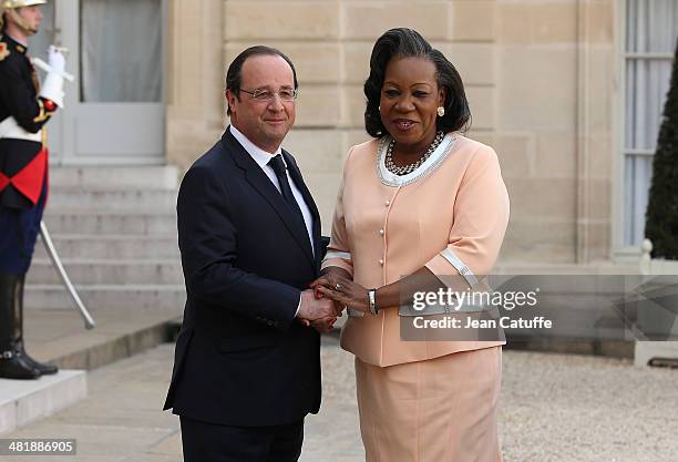 French President Francois Hollande receives Central African Republic President Catherine Samba Panza at Elysee Palace on April 1, 2014 in Paris,...