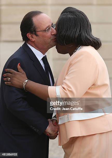 French President Francois Hollande receives Central African Republic President Catherine Samba Panza at Elysee Palace on April 1, 2014 in Paris,...