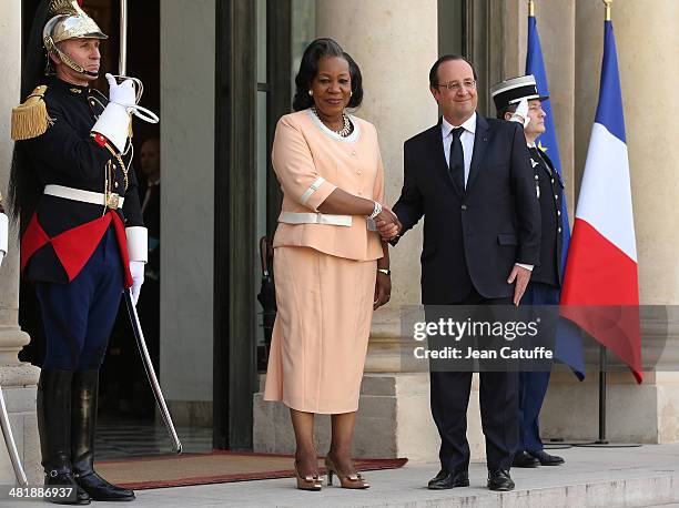 French President Francois Hollande receives Central African Republic President Catherine Samba Panza at Elysee Palace on April 1, 2014 in Paris,...