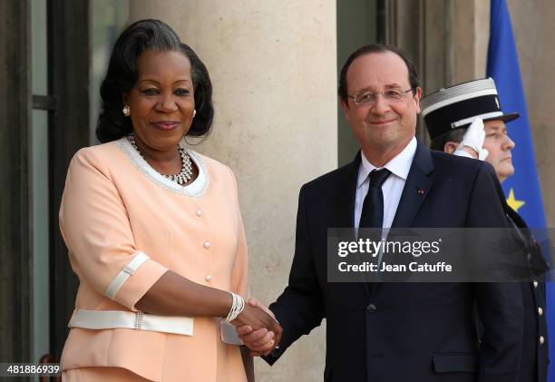 French President Francois Hollande receives Central African Republic President Catherine Samba Panza at Elysee Palace on April 1, 2014 in Paris,...