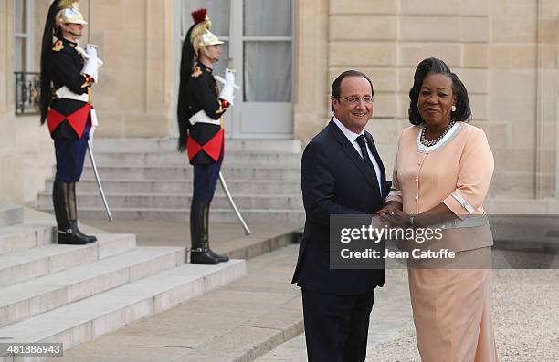 French President Francois Hollande receives Central African Republic President Catherine Samba Panza at Elysee Palace on April 1, 2014 in Paris,...