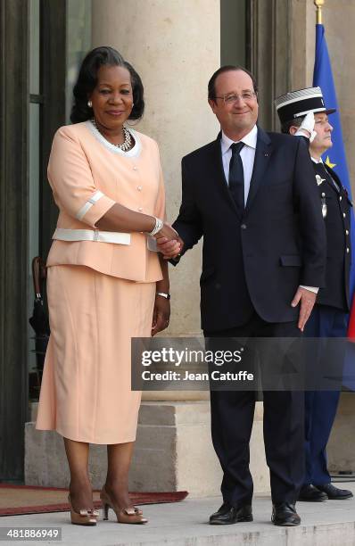 French President Francois Hollande receives Central African Republic President Catherine Samba Panza at Elysee Palace on April 1, 2014 in Paris,...