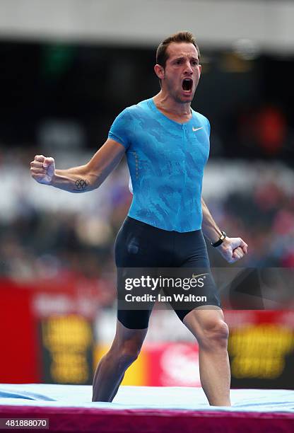 Renaud Lavillenie of France celebrates duirng the Mens Pole Vault on day two of the Sainsbury's Anniversary Games at The Stadium - Queen Elizabeth...