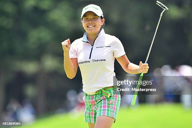 Minami Katsu of Japan celebrates after making her birdie putt on the 9th hole during the second round of the Century 21 Ladies Golf Tournament 2015...