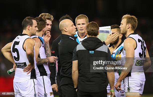 Matthew Nicks the assistant coach of the Power talks to his players during the round 17 AFL match between the Essendon Bombers and the Port Adelaide...