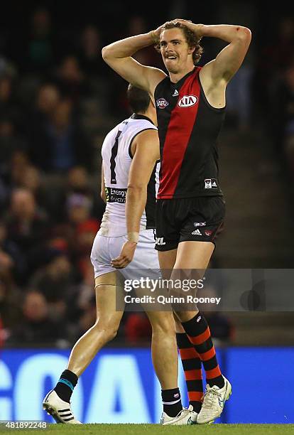 Joe Daniher of the Bombers looks dejected after missing a shot on goal during the round 17 AFL match between the Essendon Bombers and the Port...