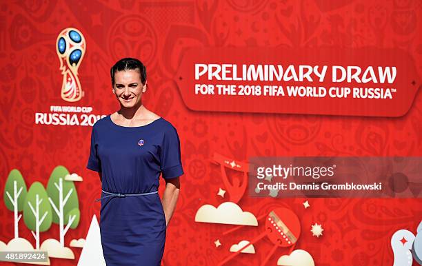 Yelena Isinbayeva attends the Preliminary Draw of the 2018 FIFA World Cup in Russia at The Konstantin Palace on July 25, 2015 in Saint Petersburg,...