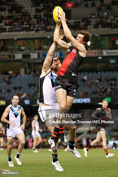 Kyle Langford of the Bombers marks the ball during the round 17 AFL match between the Essendon Bombers and the Port Adelaide Power at Etihad Stadium...
