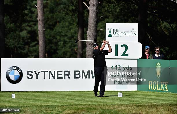 Rocco Mediate of the USA tees off on the 12th hole during completion of the second round of The Senior Open Championship on the Old Course at...