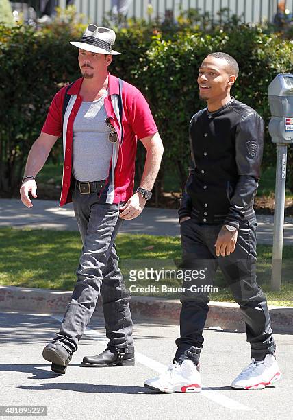 Kevin Dillon and Bow Wow are seen filming a scene for the "Entourage" movie in Beverly Hills on April 01, 2014 in Los Angeles, California.