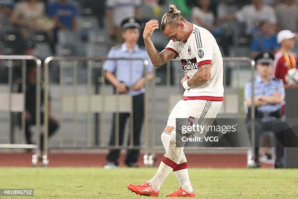 Philippe Mexes of AC Milan celebrates after scoring his team's first goal during the International Champions Cup match between AC Milan and Inter...